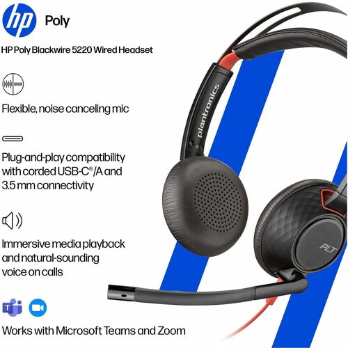 Poly Blackwire 5220 USB-C Stereo Headset with 3.5mm & USB-A Adapter, Noise-Canceling Microphone, Black (8X231AA)