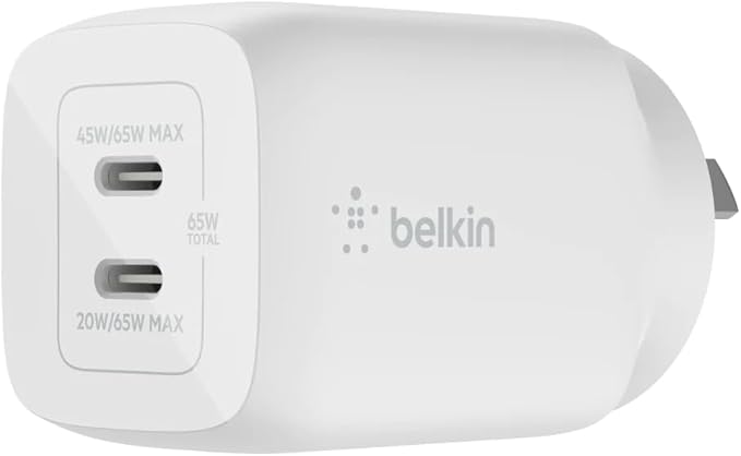 Belkin 65W Dual USB Type C Wall Charger, Fast Charging Power Delivery 3.0 with GaN Technology for iPhone 15 14 13 Pro, Pro Max, Mini, iPad Pro 12.9,MacBook, Galaxy S24, Plus, Ultra & More - White