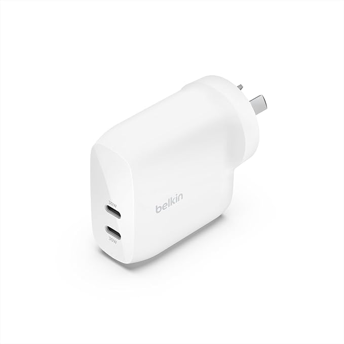 Belkin BoostCharge Dual USB-C Wall Charger with PPS 60W for Apple iPhone, iPad, Samsung Galaxy, Google Pixel - Compatible w/USB-C to Lightning Cable & USB-C to USB-C - White