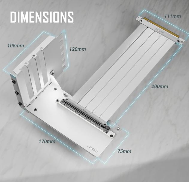Antec PCIe 4.0 Riser Cable 200mm White with Gold-Plated Shielded PCB, 90°/180° Flexible Design