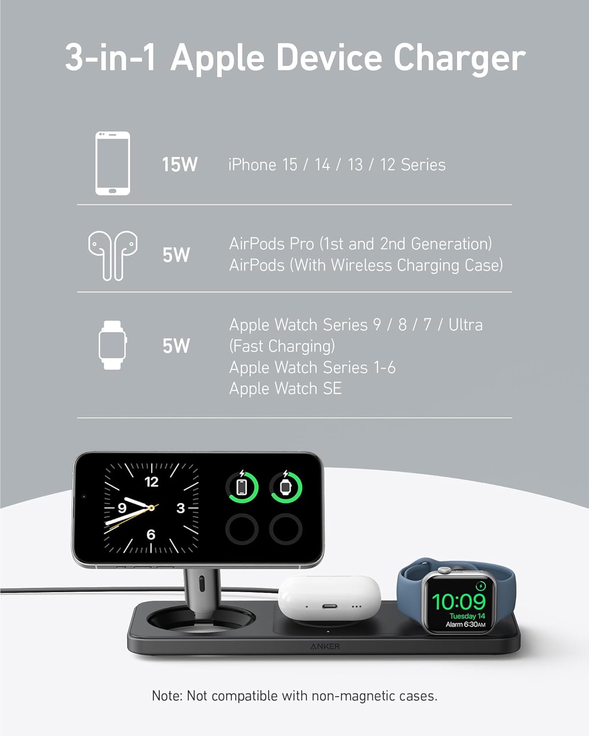 Anker MagGo 3 in 1 Wireless Charging Pad with Qi2 Black
