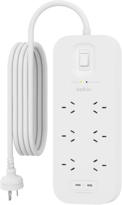 Belkin SurgePro 6-Outlet Surge Protector with Dual USB-C 30W, 2M Power Cord, RCM Safety Certified - SRB006AU2M
