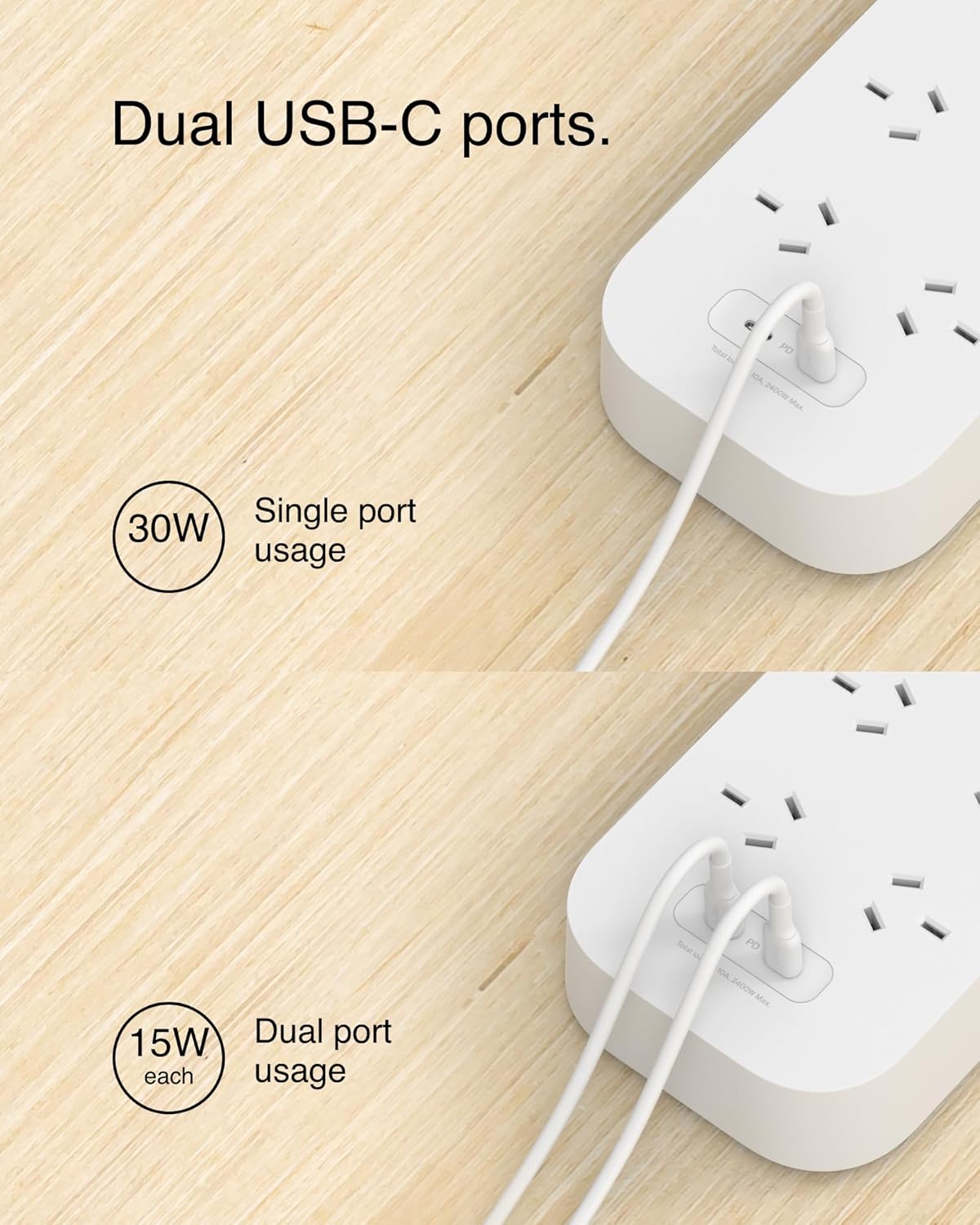 Belkin SurgePro 6-Outlet Surge Protector with Dual USB-C 30W, 2M Power Cord, RCM Safety Certified - SRB006AU2M