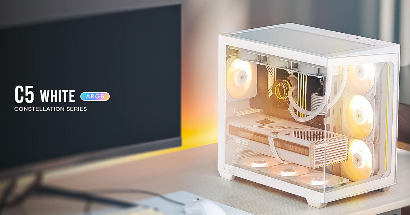 Antec C5 ARGB ATX, mATX Seamless Edge to Edge, White , 270 degrees, 7x ARGB + PWM Controller, 5090 Back Connect, USB-C, Dual Chamber Gaming Case