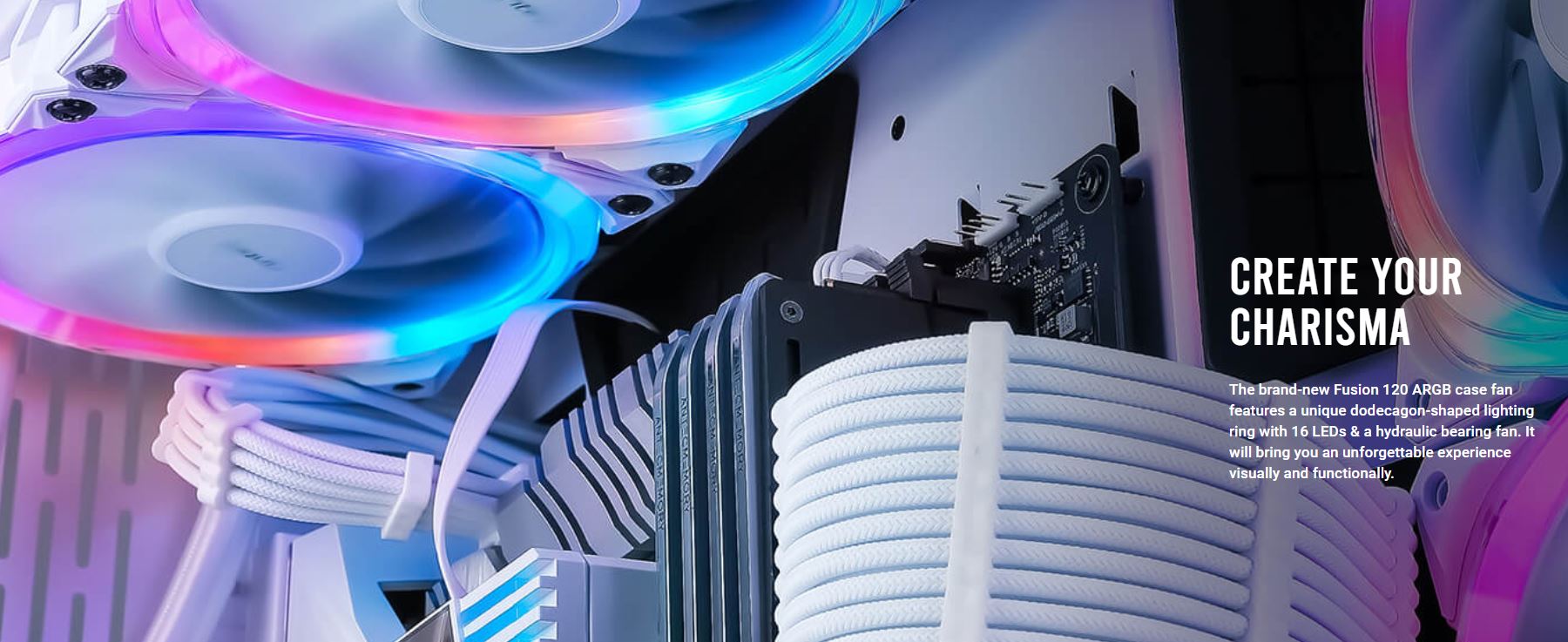 Antec Fusion 5x 120mm ARGB PWM HB white Fans + ARGB Controller, 57.93 CFM, AP 2.11, Noise Level 31.21. Woven Cable, PMW Daisy Chain design