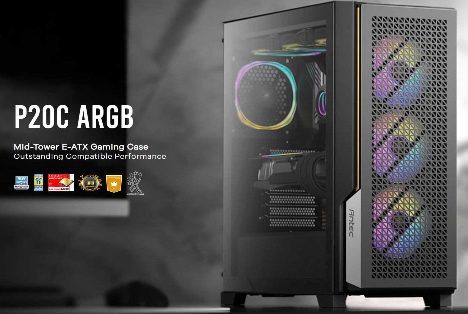 Antec P20C ARGB, ATX, E-ATX, High Airflow, USB-C, Cable management, 4x HDD/SSD , 375mm GPU, 170mm CPU, 3x ARGB PWM 12CM,Fan Control, Case