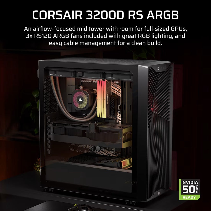 Corsair 3200D RS ARGB Mid-Tower PC Case -Black, ATX mATX ITX, TG panel, ARGB fans, 400mm GPU, 165mm CPU, 360mm rad, USB-C, 7 slots, 2x2.5 1x3.5, 2yr w