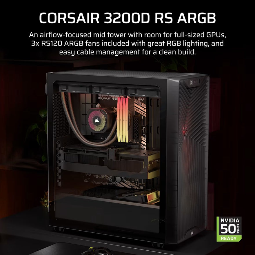 Corsair 3200D RS ARGB Mid-Tower PC Case -Smoke, ATX mATX ITX, TG panel, ARGB fans, 400mm GPU, 165mm CPU, 360mm rad, USB-C, 7 slots, 2x2.5 1x3.5, 2yr w