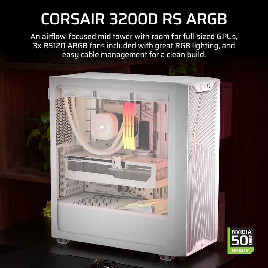 Corsair 3200D RS ARGB Mid-Tower PC Case- White, ATX mATX ITX, TG panel, ARGB fans, 400mm GPU, 165mm CPU, 360mm rad, USB-C, 7 slots, 2x2.5 1x3.5, 2yr w