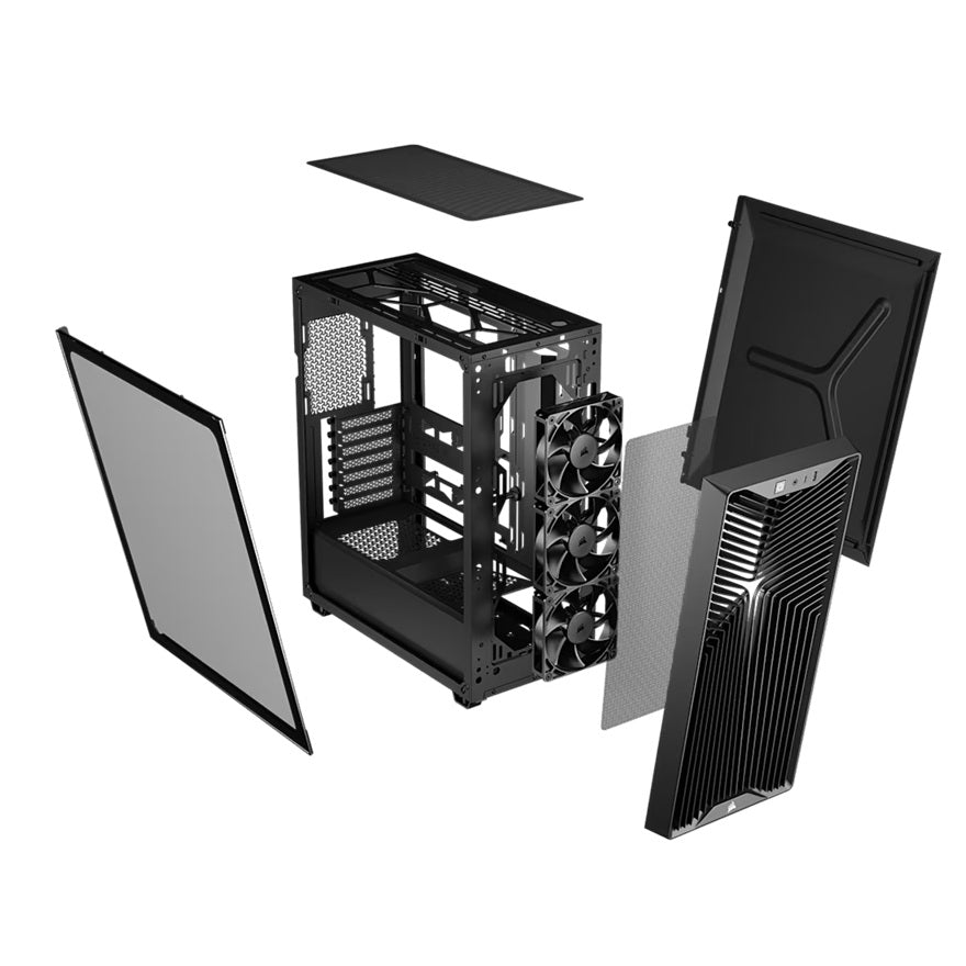Corsair 3200D RS Mid-Tower PC Case - Black, ATX mATX ITX, TG panel, 400mm GPU, 165mm CPU, 360mm rad, USB-C, 7 slots, 2x2.5 1x3.5, 2yr wty, steel TG