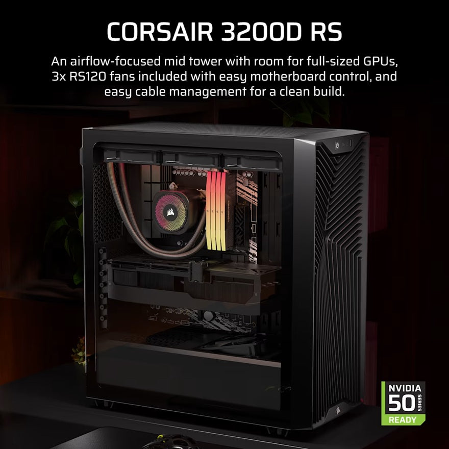 Corsair 3200D RS Mid-Tower PC Case - Black, ATX mATX ITX, TG panel, 400mm GPU, 165mm CPU, 360mm rad, USB-C, 7 slots, 2x2.5 1x3.5, 2yr wty, steel TG