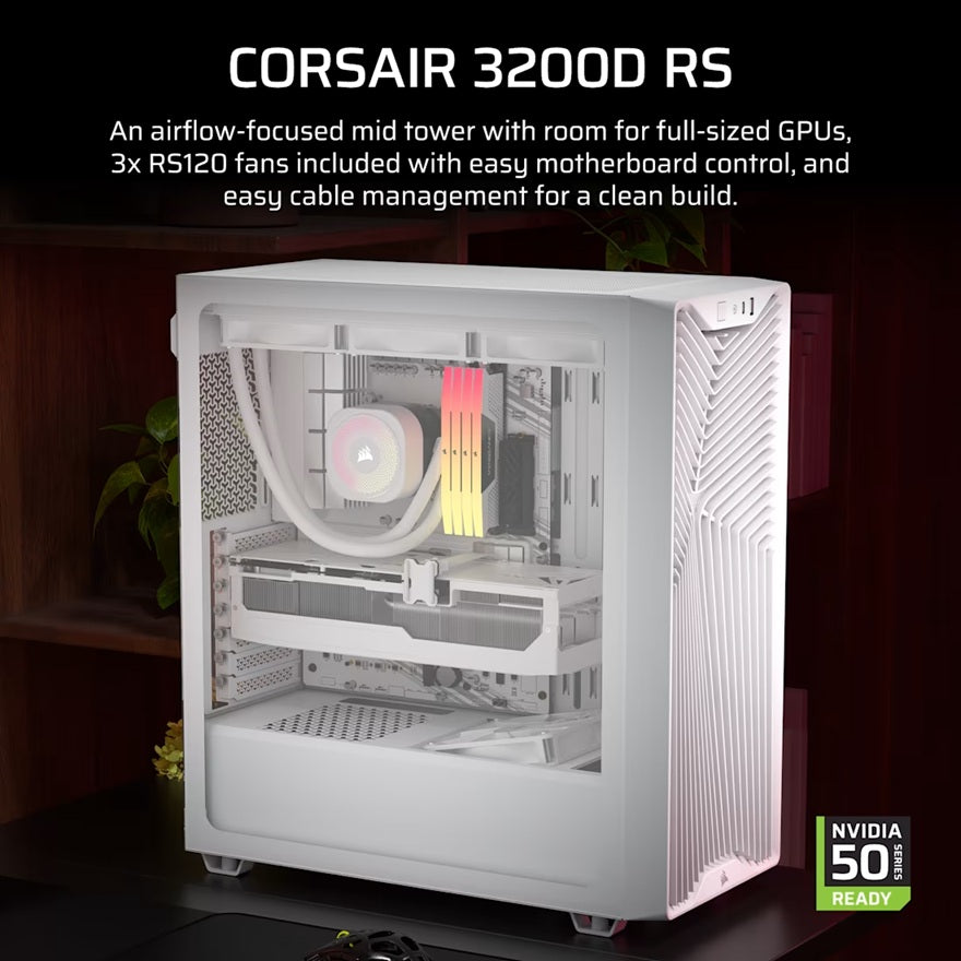Corsair 3200D RS Mid-Tower PC Case - White, ATX mATX ITX, TG panel, 400mm GPU, 165mm CPU, 360mm rad, USB-C, 7 slots, 2x2.5 1x3.5, 2yr wty, steel TG
