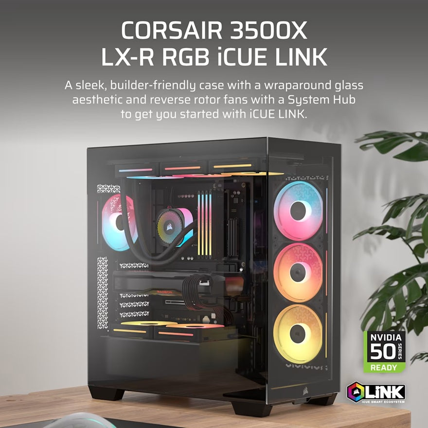 Corsair 3500X LX-R RGB iCUE LINK Mid-Tower PC Case - Black, E-ATX, Side 360mm Rad, Glass Panels, USB-C, RS ARGB Fans, 425mm GPU, iCUE LINK Ready