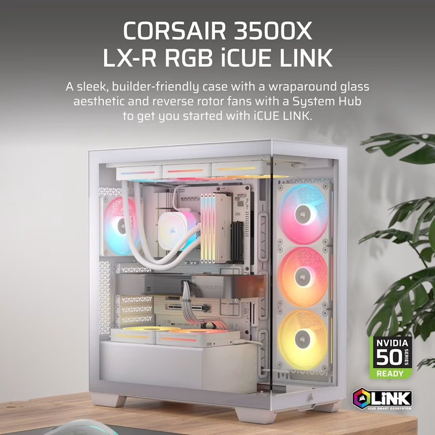 Corsair 3500X LX-R RGB iCUE LINK Mid-Tower PC Case - White, E-ATX, Side 360mm Rad, Glass Panels, USB-C, RS ARGB Fans, 425mm GPU, iCUE LINK Ready
