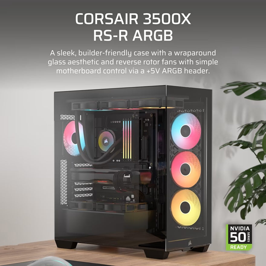 Corsair 3500X RS-R ARGB Mid-Tower PC Case - Black, ARGB, ATX/E-ATX, Tempered Glass, 425mm GPU, 170mm CPU, 360mm radiator, USB-C, 2yr wty