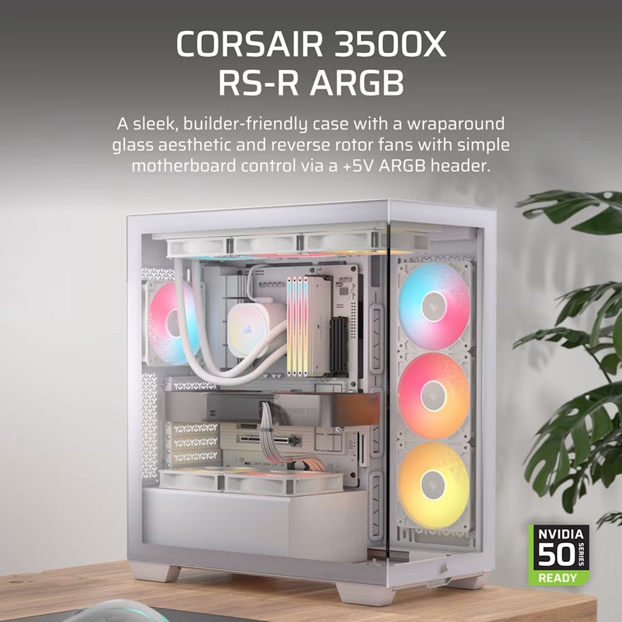 Corsair 3500X RS-R ARGB Mid-Tower PC Case - White, ARGB, ATX/E-ATX, Tempered Glass, 425mm GPU, 170mm CPU, 360mm radiator, USB-C, 2yr wty