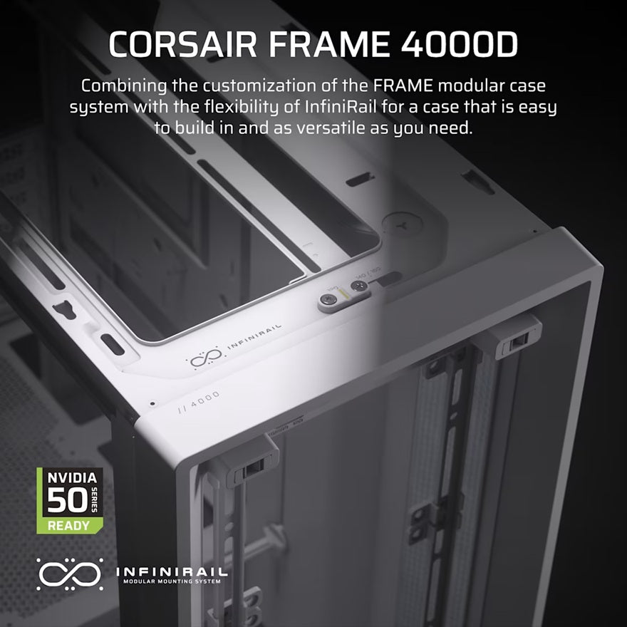 Corsair FRAME 4000D Modular Mid-Tower PC Case - White, ATX, 430mm GPU, 170mm CPU cooler, 360mm rad, 1x HD Audio, 1x USB-C 3.2 Gen 2