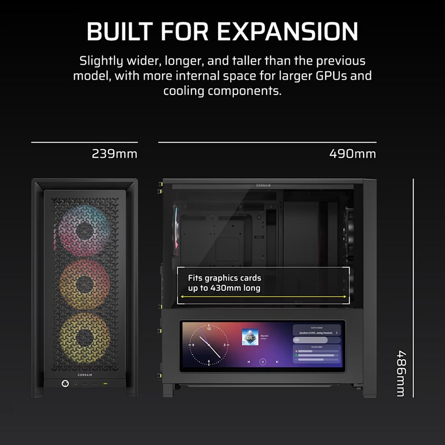 Corsair FRAME 4000D LCD RS ARGB Premium Mid-Tower PC Case - Black, ATX/E-ATX, TG panel, LCD, 430mm GPU, 170mm CPU clr, 360mm rad, USB-C, 2yr wty