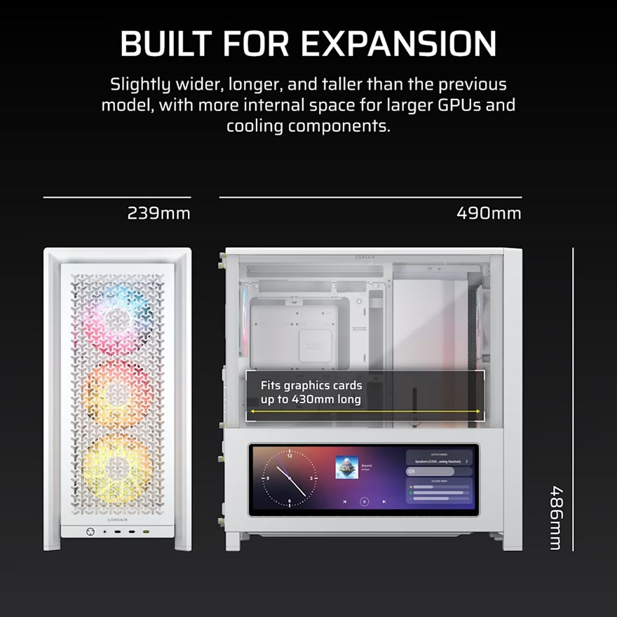 Corsair FRAME 4000D LCD RS ARGB Premium Mid-Tower PC Case- White, ATX/mATX/ITX/E-ATX, 486x490x239mm, 430mm GPU, 360mm rad, tempered glass