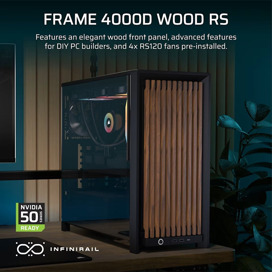 Corsair FRAME 4000D WOOD RS Modular Mid-Tower PC Case - White/Walnut, E-ATX ATX mATX ITX, TG wood, 430mm GPU, 170mm CPU, 360mm rad, USB-C, vert GPU