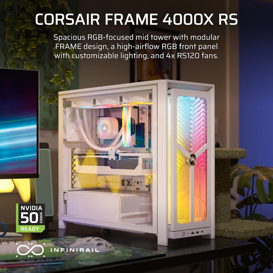 Corsair FRAME 4000X RS Mid-Tower PC Case - White, Mid-Tower ATX/E-ATX Mini-ITX Micro-ATX 430mm GPU 170mm CPU 360mm rad TG USB-C 3x120/2x140 fans