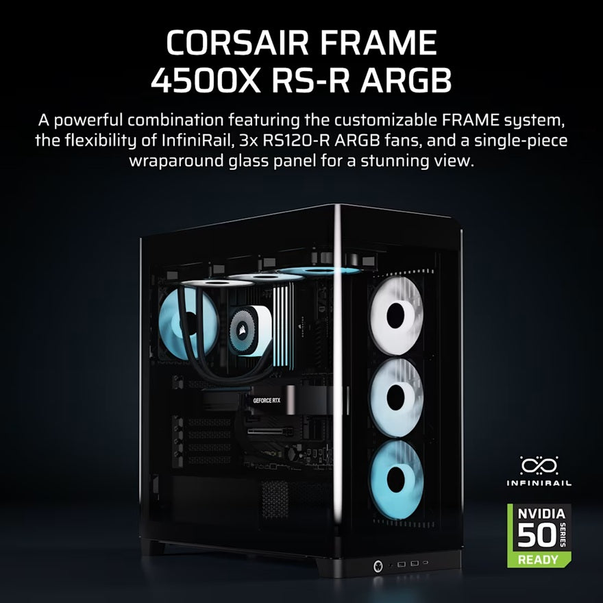 Corsair FRAME 4500X RS-R ARGB Panoramic Glass Mid-Tower PC Case - Black, 478x499x246mm, E-ATX, 460mm GPU, 185mm CPU, USB-C, ARGB, 360mm rad, 11.58kg
