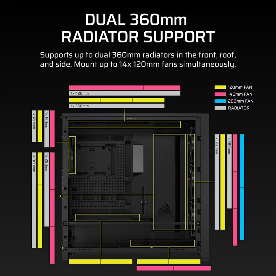Corsair FRAME 5000D RS HIGH-AIRFLOW MID-TOWER PC CASE - BLACK, ATX, 450mm GPU, 175mm CPU cooler, 360mm rad, 4x RS140, 1x USB-C 3.2 Gen2