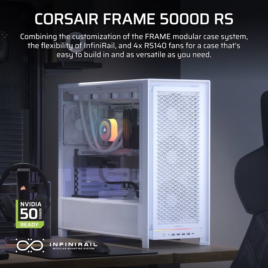 Corsair FRAME 5000D RS HIGH-AIRFLOW MID-TOWER PC CASE - WHITE, ATX, 450mm GPU, 175mm CPU cooler, 360mm rad, 4x RS140, 1x USB-C 3.2 Gen2