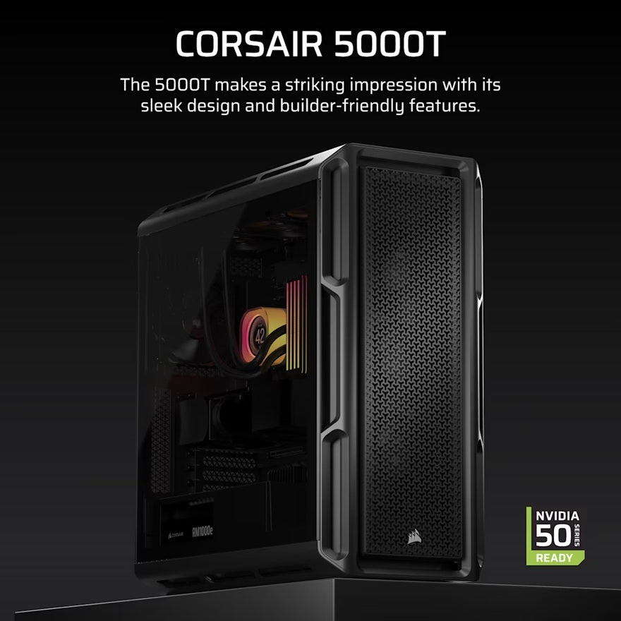 Corsair 5000T Mid-Tower High-Performance PC Case - Black, ATX, 450mm GPU, 250mm PSU, 170mm CPU cooler, 360mm rad, 1x USB-C 3.2 Gen2