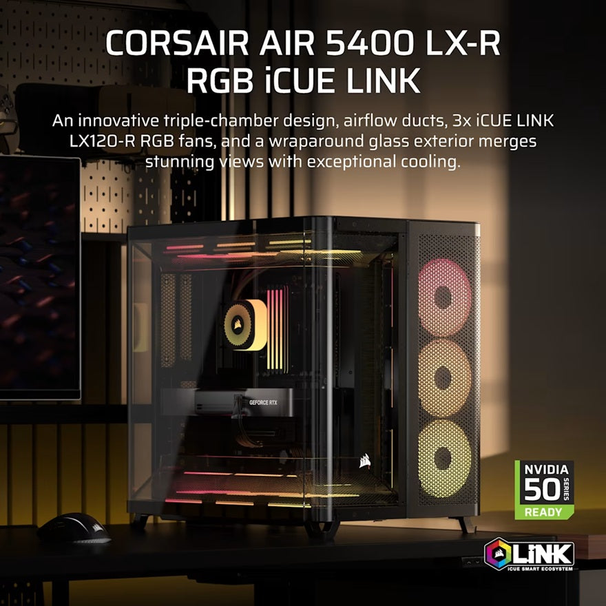 Corsair AIR 5400 LX-R RGB iCUE LINK Triple Chamber Mid-Tower PC Case - Black; ATX/E-ATX; 467x470x340mm; TG; 360GPU; 180CPU; 360RAD; USB-C