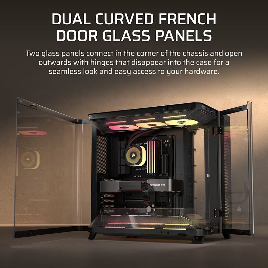 Corsair AIR 5400 LX-R RGB iCUE LINK Triple Chamber Mid-Tower PC Case - Black; ATX/E-ATX; 467x470x340mm; TG; 360GPU; 180CPU; 360RAD; USB-C