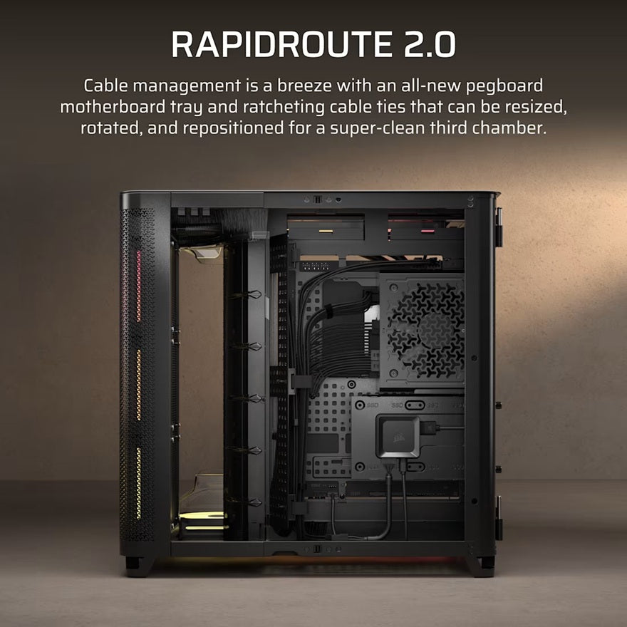 Corsair AIR 5400 LX-R RGB iCUE LINK Triple Chamber Mid-Tower PC Case - Black; ATX/E-ATX; 467x470x340mm; TG; 360GPU; 180CPU; 360RAD; USB-C