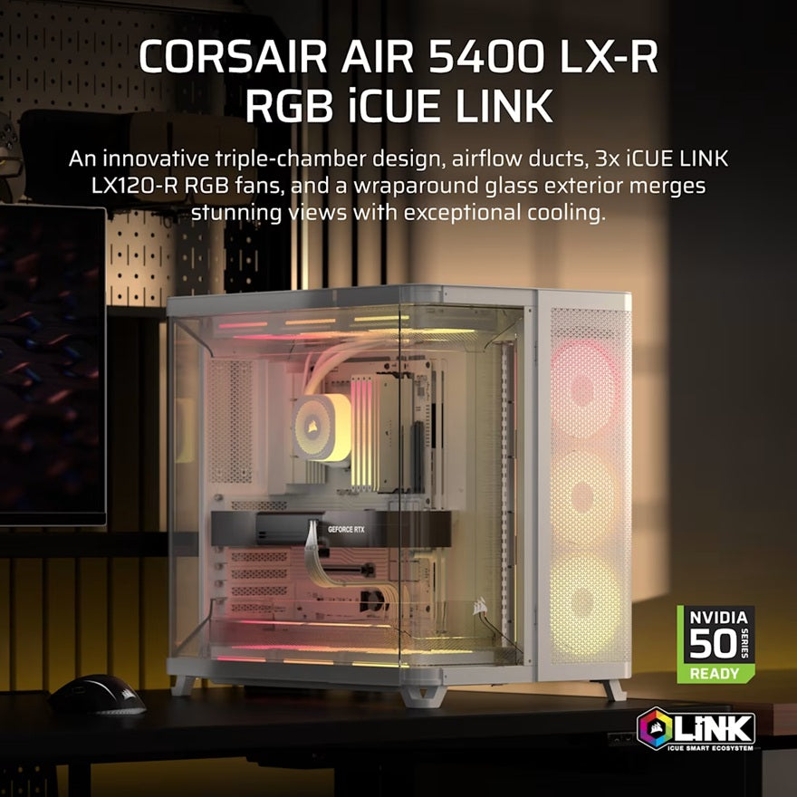 Corsair AIR 5400 LX-R RGB iCUE LINK Triple Chamber Mid-Tower PC Case - White; ATX/E-ATX; 467x470x340mm; TG; 360GPU; 180CPU; 360RAD; USB-C