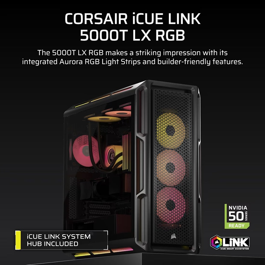 Corsair iCUE LINK 5000T LX RGB Mid-Tower High-Performance PC Case - Black, ATX, 450mm GPU, 170mm CPUcooler, 360mm rad, 3x LX120 RGB, 1x USB-C 3.2 Gen2