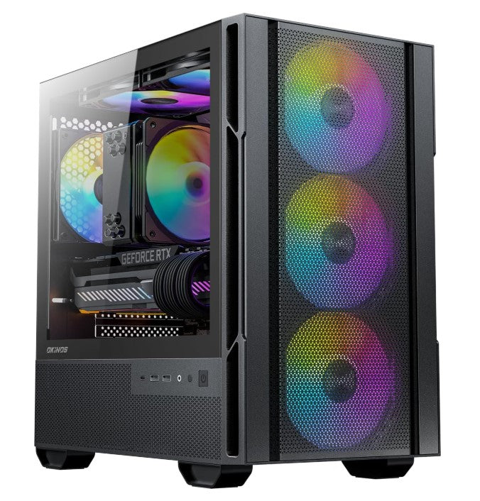 OKINOS Cypres 3 ARGB Micro ATX Case, 4 Ã— 120mm ARGB Non-PWM Case Fans Pre-Installed, MATX PC Case, Temper Glass Side Panel, with Type-C, Black