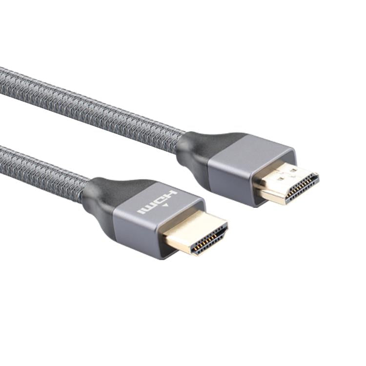 Close-up of 8Ware HDMI2R5 gold-plated HDMI male connectors and grey braided cable