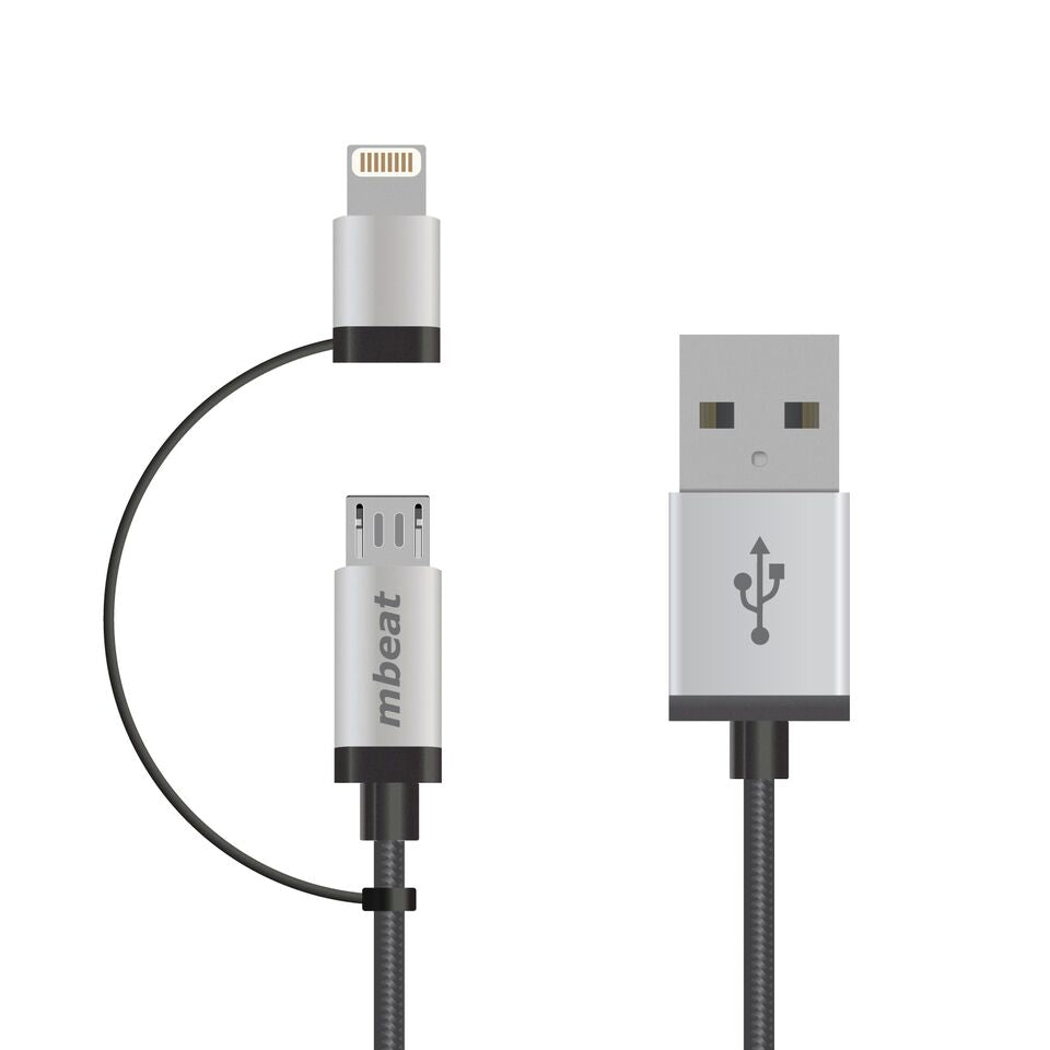 mbeat 1m Lightning and Micro USB Data Cable - 2-in-1/Aluminmum Shell Crush-Proof/Nylon Braided/Silver/ Apple/Andriod Tablet Mobile Device