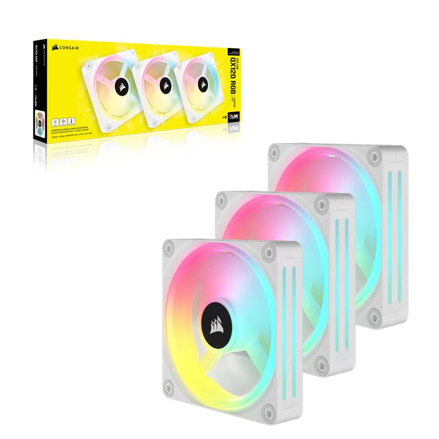 Corsair iCUE LINK QX120 RGB 120mm PWM PC Fans Starter Kit with iCUE LINK System Hub - White, Static Pressure Flow Type, 2400 RPM