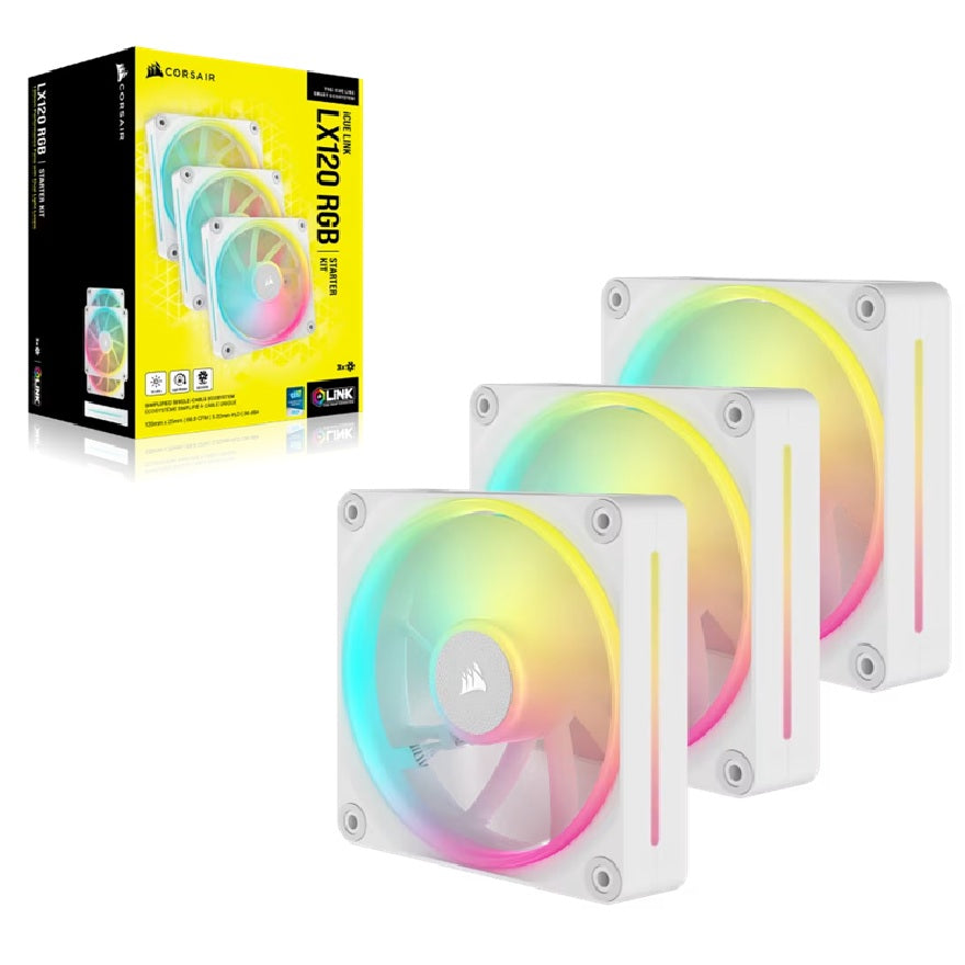 Corsair iCUE LINK LX120 RGB 120mm PWM Triple Fans Starter Kit - White, STATIC PRESSURE FLow Type, 2400 RPM, 69.9 CFM, 36 dBA