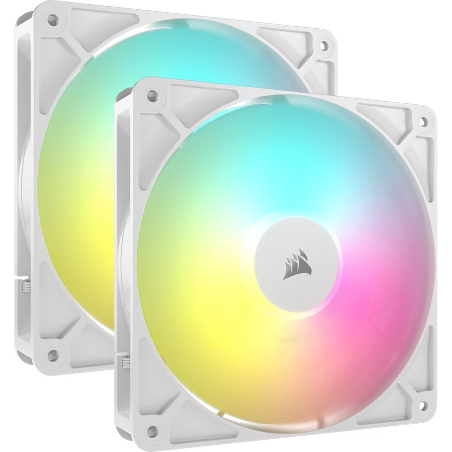 Corsair RS140 ARGB 140mm PWM Fans - Dual Pack - White: 95.5â€¯CFM, 1700â€¯RPM, 36â€¯dBA, 0.45A, RGB lighting, Static Pressure, Magnetic Dome Bearing