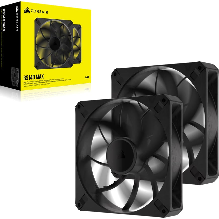 Corsair RS140 MAX 140mm PWM Thick Fans - Dual Pack, AF Series, STATIC PRESSURE Flow Type, 1600 RPM, 104 CFM, 5Years Warranty