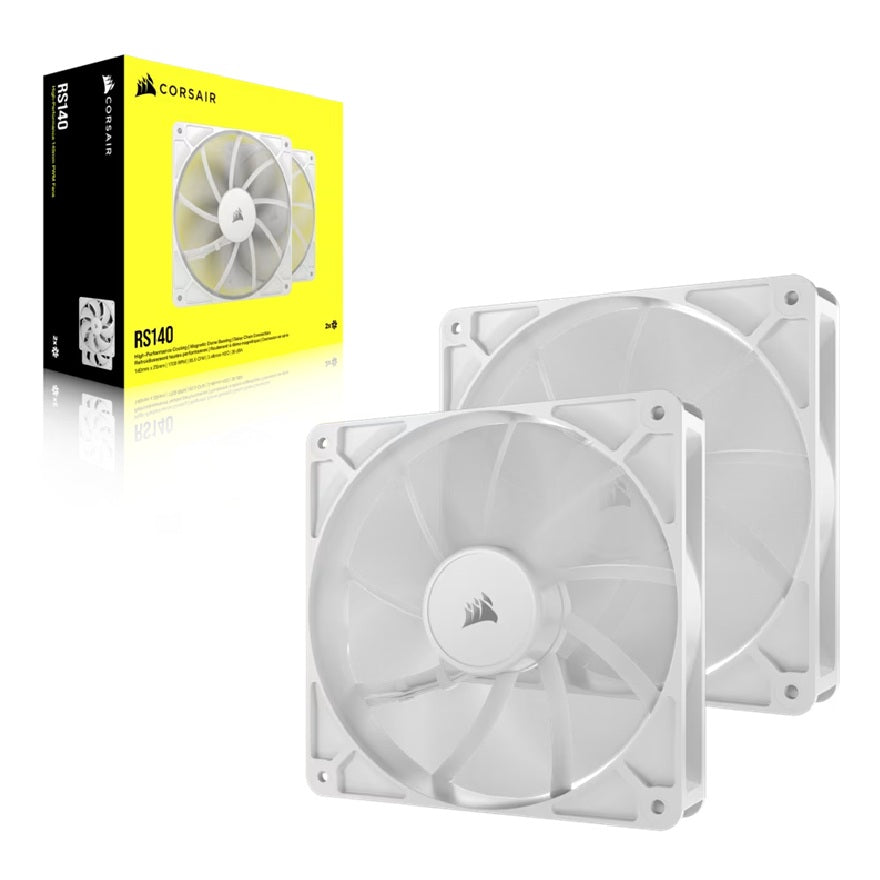 Corsair RS140 140mm PWM Fans - Dual Pack - White: 95.5â€¯CFM, 1700â€¯RPM, 36â€¯dBA, 0.45A, Static Pressure, Magnetic Dome Bearing