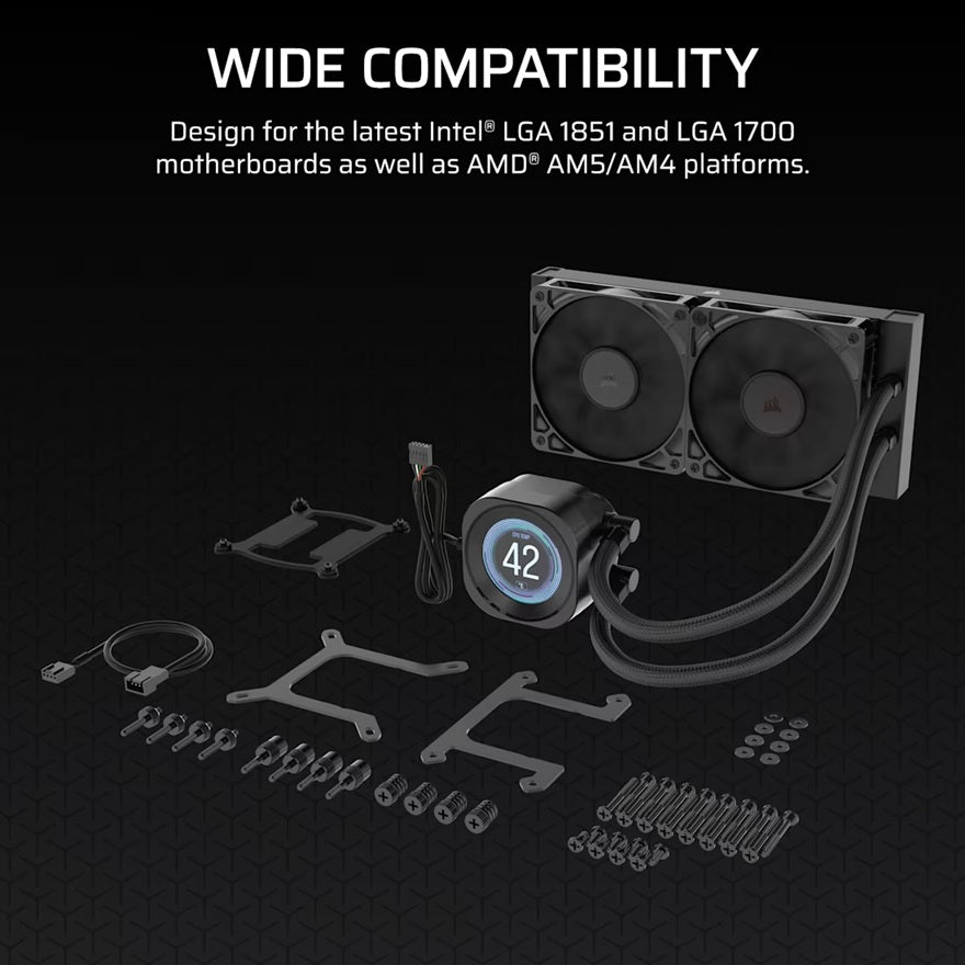 Corsair NAUTILUS 240 RS LCD Liquid CPU Cooler - Black, 240mm rad, LCD pump, 2x PWM fans, 2100 RPM, AM5/LGA1851, copper plate, 400mm tube, 36dBA