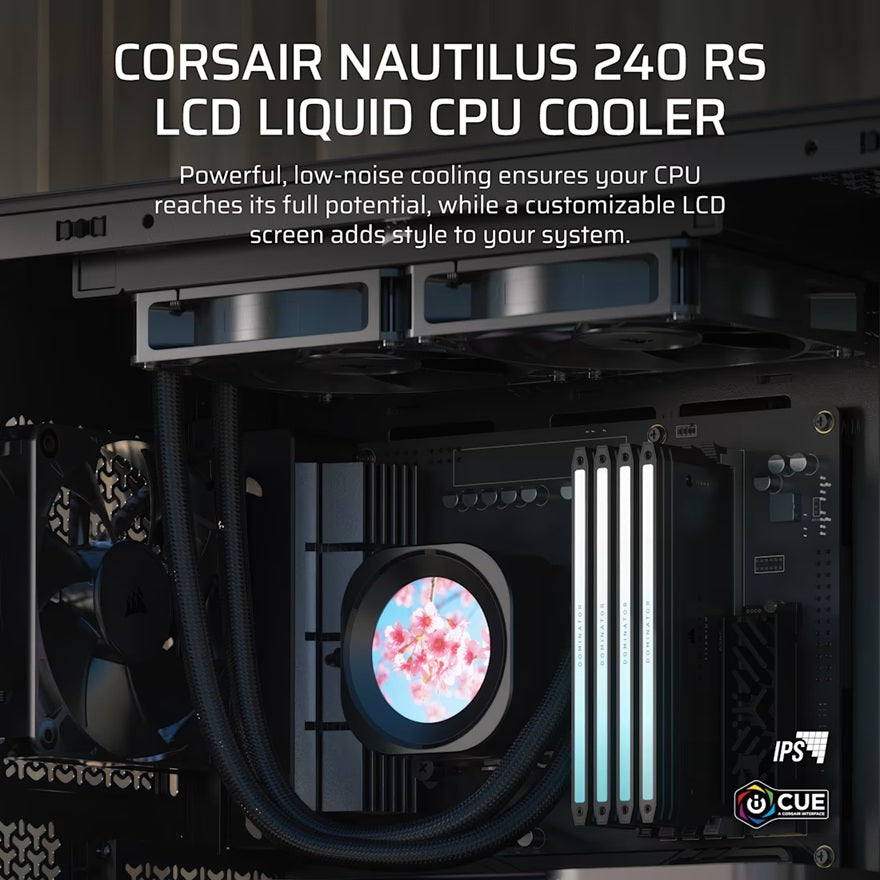 Corsair NAUTILUS 240 RS LCD Liquid CPU Cooler - Black, 240mm rad, LCD pump, 2x PWM fans, 2100 RPM, AM5/LGA1851, copper plate, 400mm tube, 36dBA