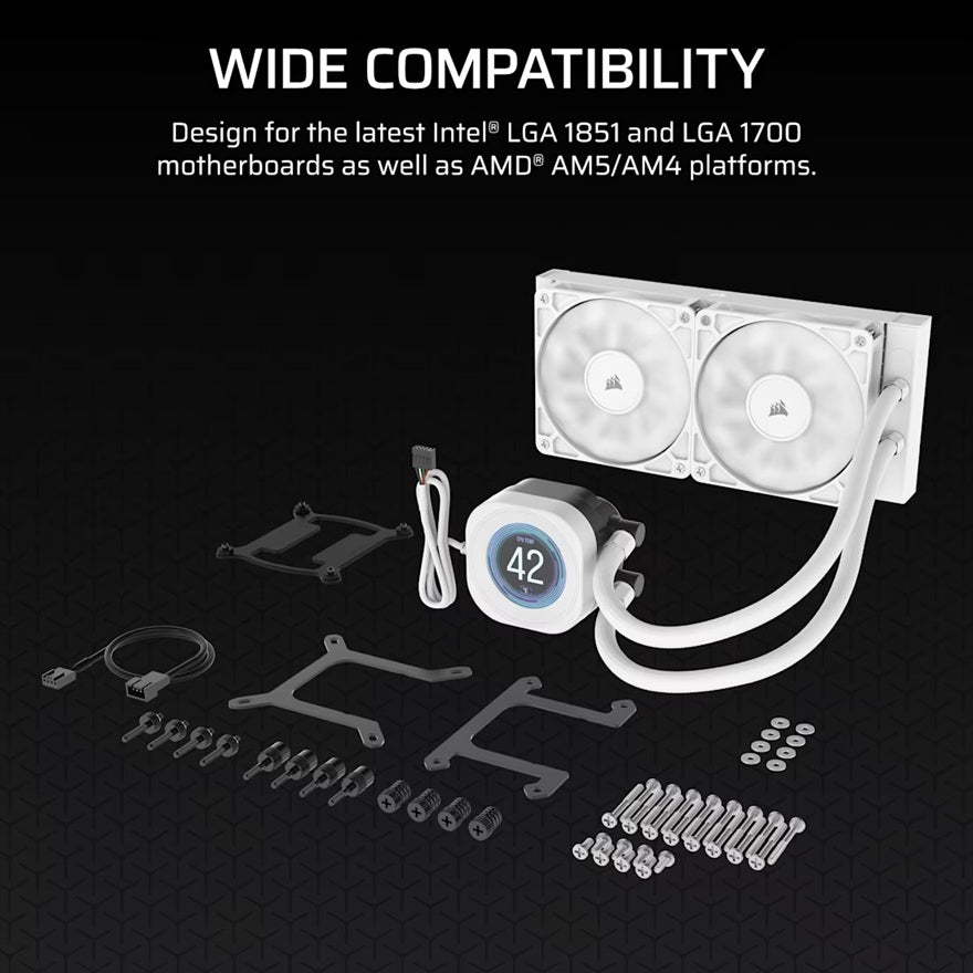 Corsair NAUTILUS 240 RS LCD Liquid CPU Cooler - White, 240mm rad, LCD pump, 2x PWM fans, 2100 RPM, AM5/LGA1851, copper plate, 400mm tube, 36dBA