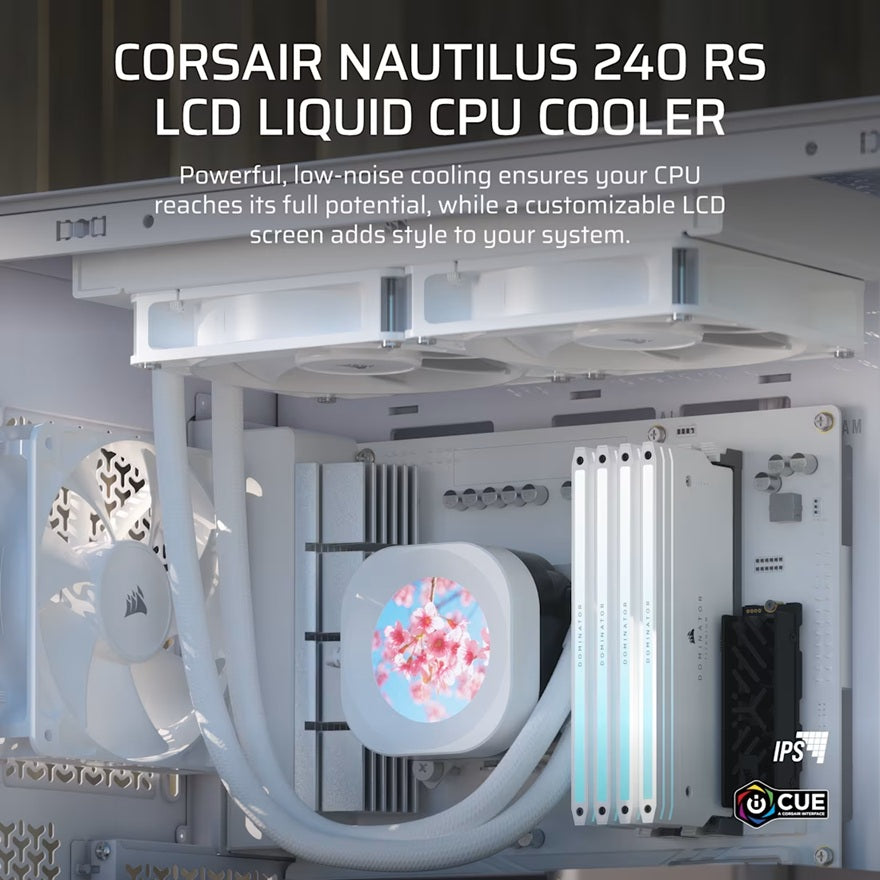 Corsair NAUTILUS 240 RS LCD Liquid CPU Cooler - White, 240mm rad, LCD pump, 2x PWM fans, 2100 RPM, AM5/LGA1851, copper plate, 400mm tube, 36dBA