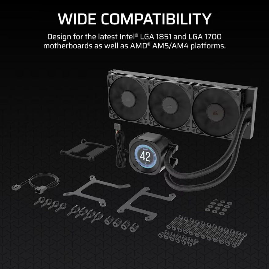 Corsair NAUTILUS 360 RS LCD Liquid CPU Cooler - Black, 360mm rad, LCD pump, 3x PWM fans, 2100 RPM, AM5/LGA1851, copper plate, 450mm Tube, 36dBA