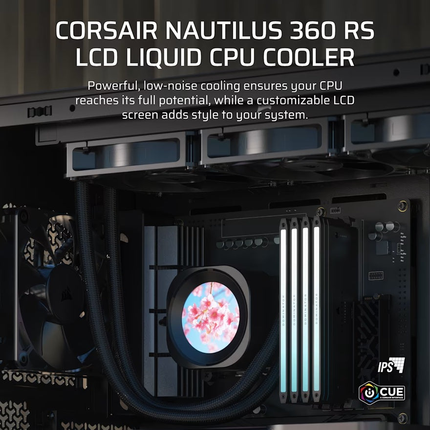 Corsair NAUTILUS 360 RS LCD Liquid CPU Cooler - Black, 360mm rad, LCD pump, 3x PWM fans, 2100 RPM, AM5/LGA1851, copper plate, 450mm Tube, 36dBA