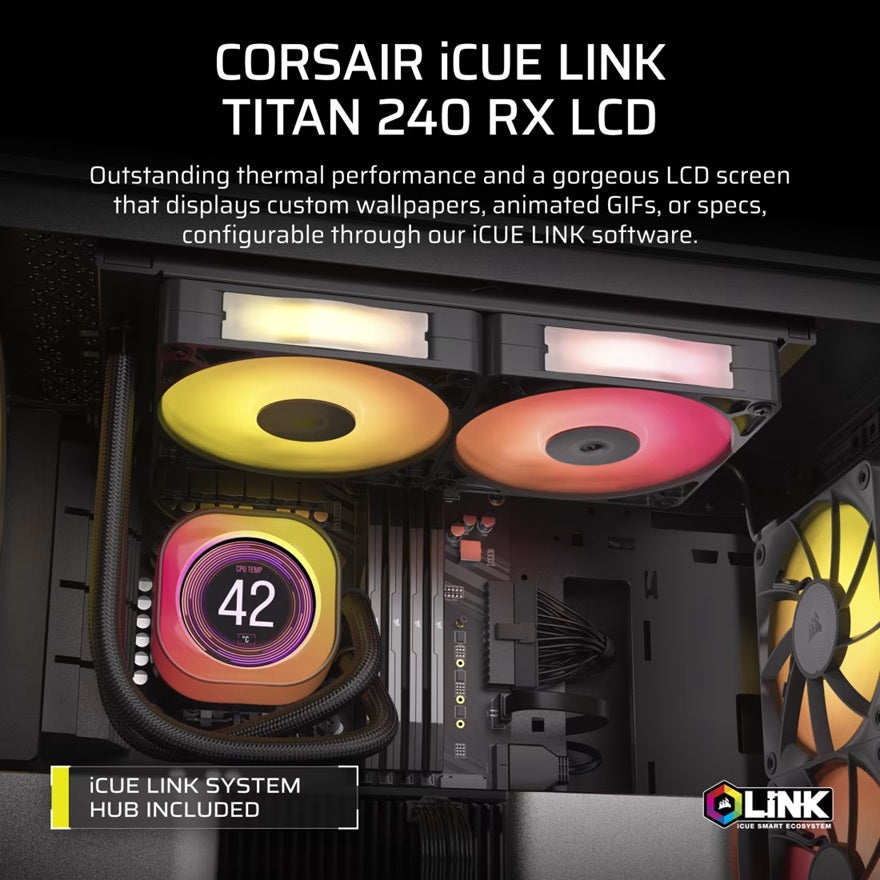 Corsair iCUE LINK TITAN 240 RX LCD Liquid CPU Cooler - Black: 73.5 CFM, 2100 RPM, 36 dBA, Aluminum Radiator, Copper Cold Plate, Intel/AMD Support