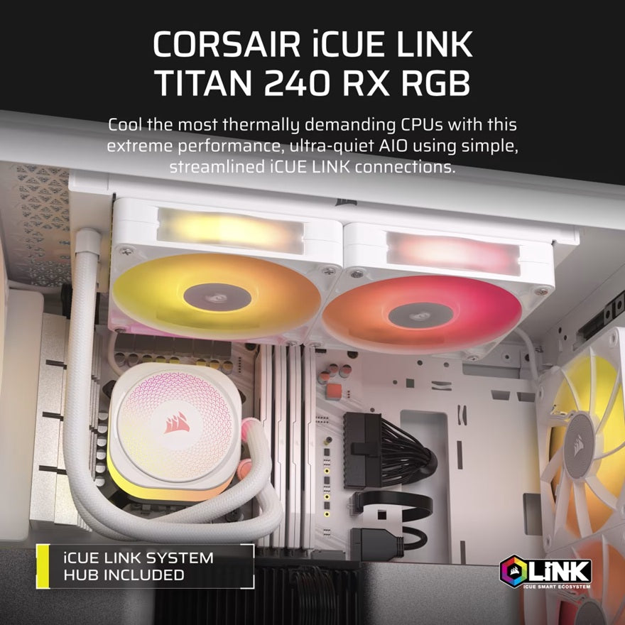 Corsair iCUE LINK TITAN 240 RX RGB AIO Liquid CPU Cooler - White, 73.5 CFM, 2100 RPM, Aluminum Radiator, Copper Cold Plate, Intel/AMD Support